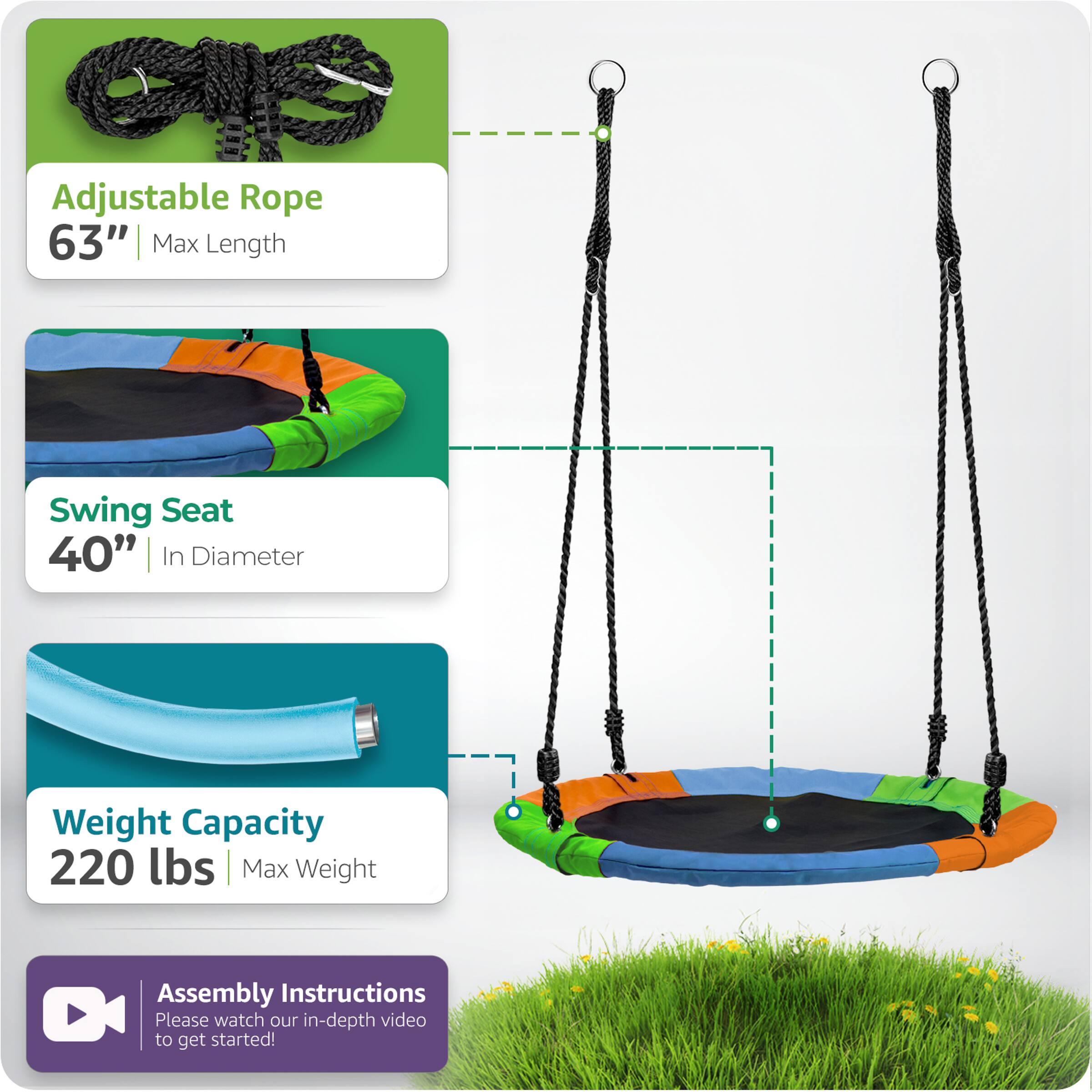 - Adjustable Rope: 63" Max Length
- Swing Seat: 40" In Diameter
- Weight Capacity: 220 lbs Max Weight
- Assembly Instructions: Please watch our in-depth video to get started!