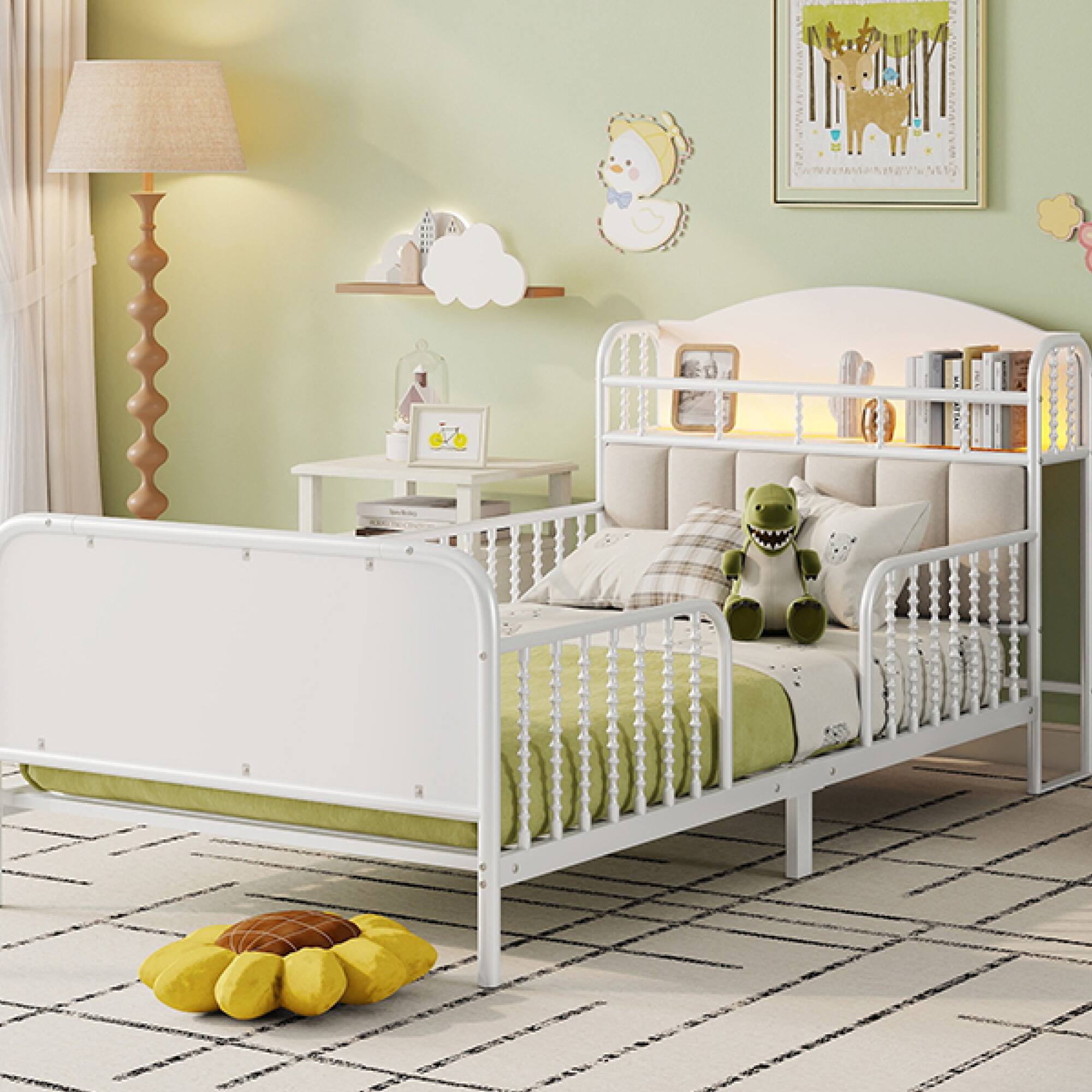 Alt View 10. GOODSILO - Kids Twin Metal Platform Bed Frame with Upholstered Headboard and LED Lighting - White.