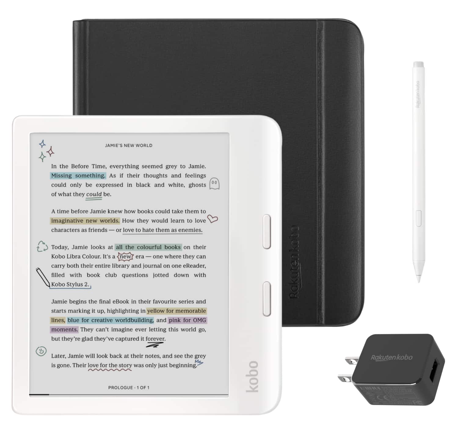 Kobo - Libra Colour (White) eReader with White Stylus 2Gen & AC Bundle - 2024 - Black Notebook SleepCover