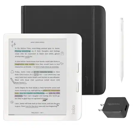 **Jamie's New World**
In the Before Time, everything seemed grey to Jamie. Missing something. As if their thoughts and feelings could only be expressed in black and white, ghosts of what they could be.
A time before Jamie knew how books could take them to imaginative new worlds. How they would learn to love characters as friends—or love to hate them as enemies.
Today, Jamie looks at all the colourful books on their Kobo Libra Colour. It's a new era—one where they can carry both their entire library and journal on one eReader, filled with book club questions jotted down with Kobo Stylus 2.
Jamie begins the final eBook in their favourite series and starts marking it up, highlighting in yellow for memorable lines, blue for creative worldbuilding, and pink for OMG moments. They can't imagine ever letting this world go, but they're glad they've captured it forever.
Later, Jamie will look back at their notes, and see the grey is gone. Their love for the story was only just beginning.
**Prologue - 1 of 1**