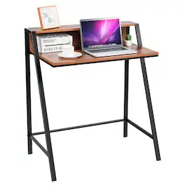 Ecooso - 2-Tier Computer Desk, Compact PC Workstation with Storage Shelf for Home Office - Brown