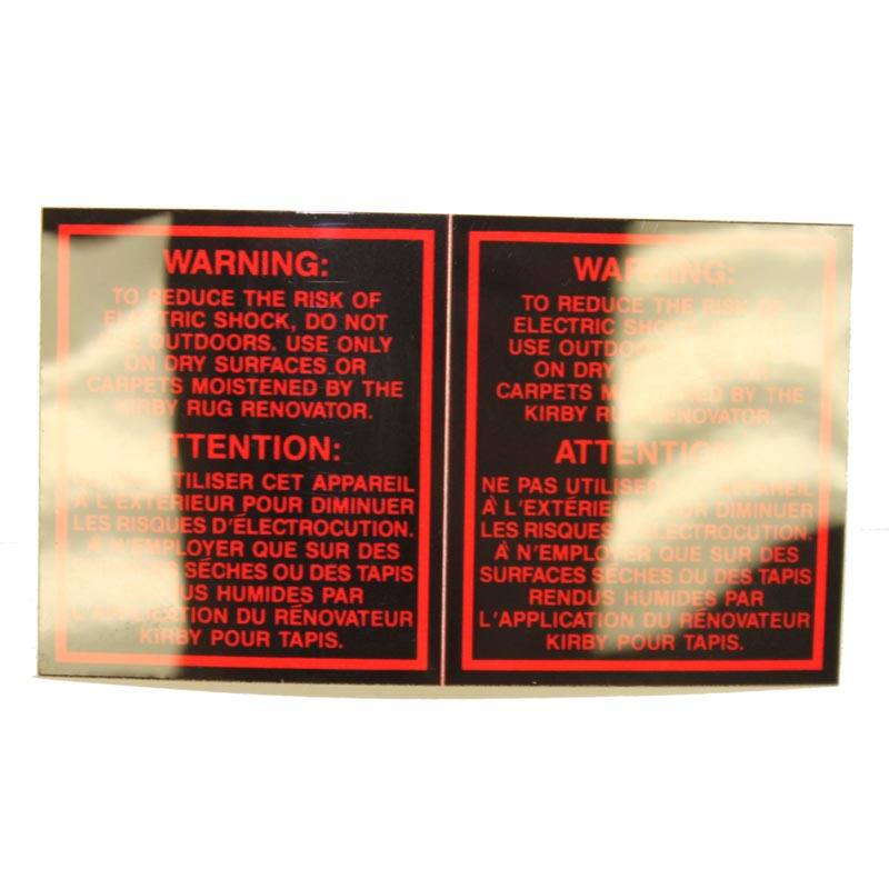 **WARNING:**

TO REDUCE THE RISK OF ELECTRIC SHOCK, DO NOT USE OUTDOORS. USE ONLY ON DRY SURFACES OR CARPETS MOISTENED BY THE KIRBY RUG RENOVATOR.

**ATTENTION:**

UTILISER CET APPAREIL À L'EXTÉRIEUR POUR DIMINUER LES RISQUES D'ÉLECTROCUTION. EMPLOYER QUE SUR DES SURFACES SECHES OU DES TAPIS US HUMIDES PAR L'APPLICATION DU RENOVATEUR KIRBY POUR TAPIS.