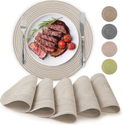 Front. Zulay Kitchen - Zulay Kitchen 15 Inch Round Placemats for Dining Table Set of 6 - Braided Round & Anti-Skid Placemat - Beige.