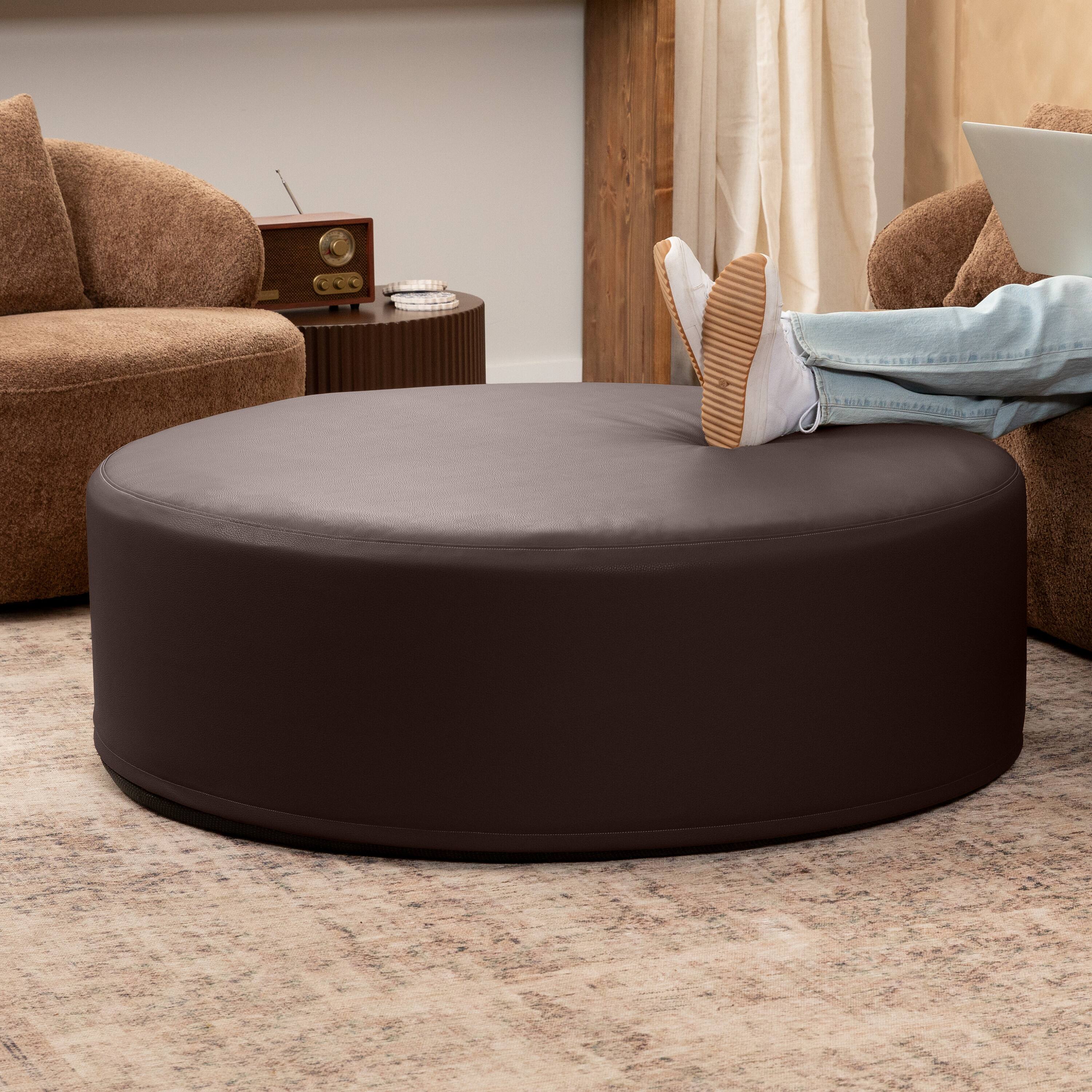 Angle. Jaxx - Jaxx Candler Round Couch Oversized Giant Coffee Table Ottoman 44”, Chocolate - Faux Leather Chocolate.