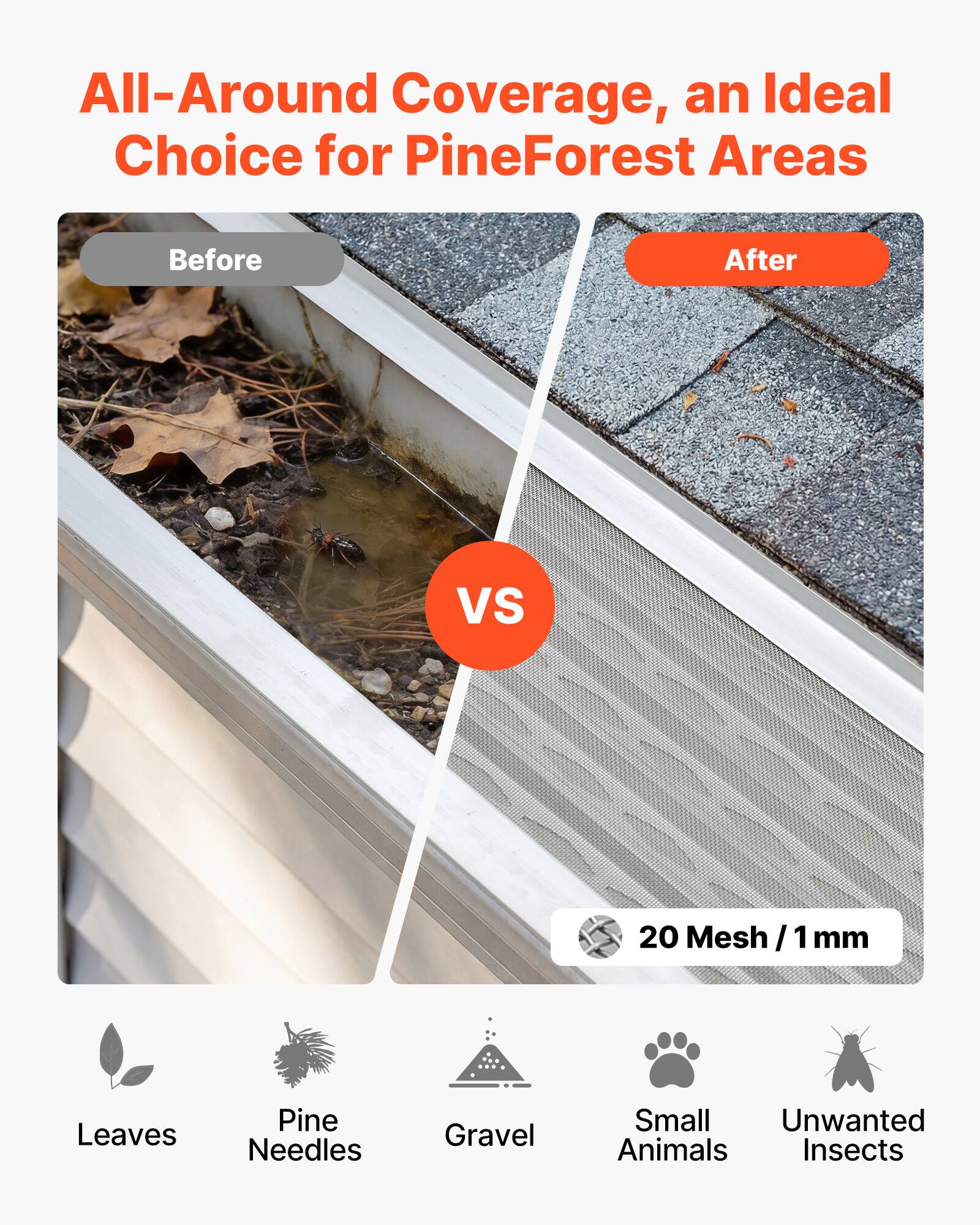 All-Around Coverage, an Ideal Choice for PineForest Areas

Before VS After

20 Mesh / 1 mm

Leaves
Pine Needles
Gravel
Small Animals
Unwanted Insects