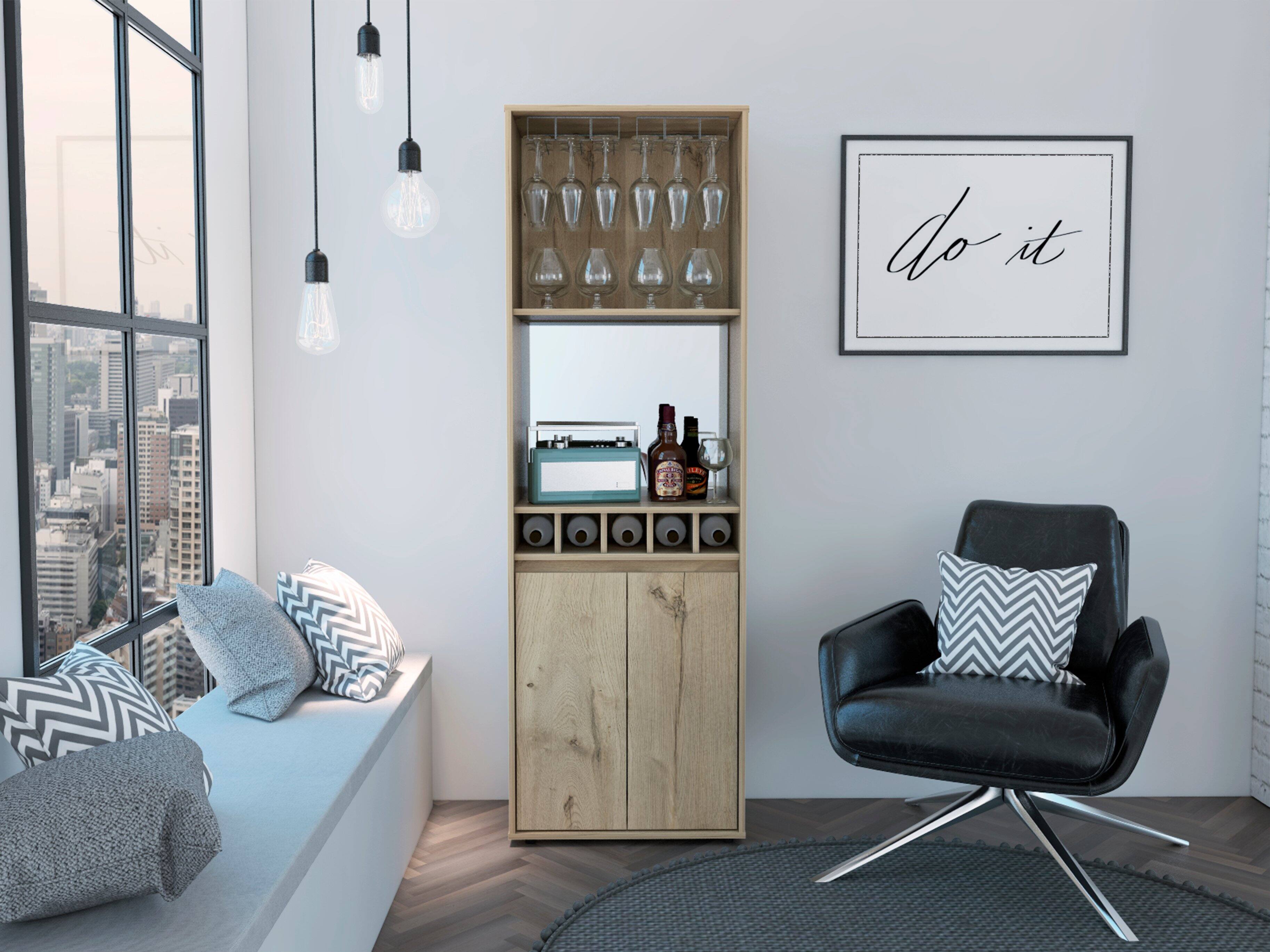 Angle. TuHome - Prana Bar Cabinet, Two Shelves, Five Built-In Wine Rack, Double Door, Bar Room. - Light Oak.