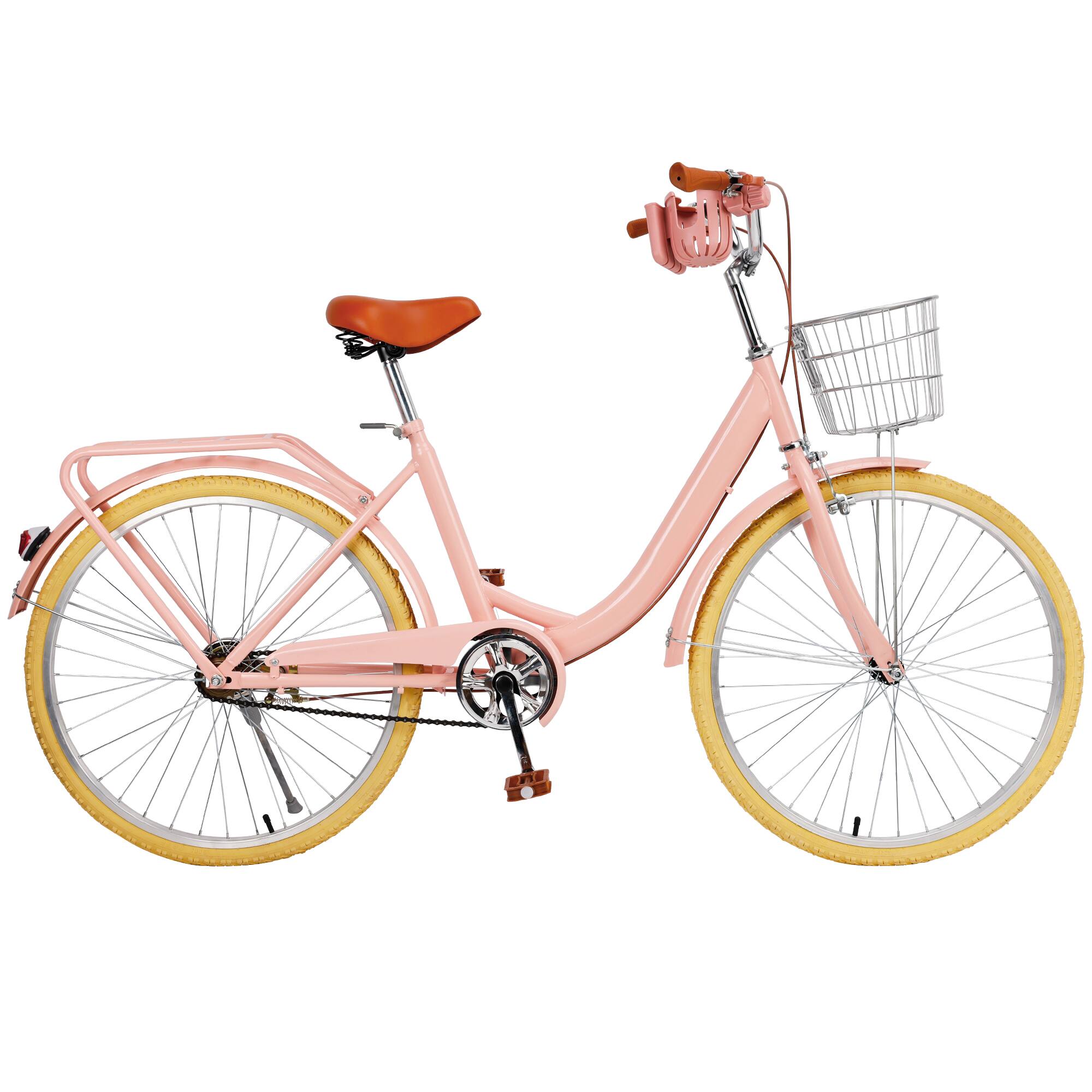 Left. Topteng - 26 Inch City Cruiser Bike For Adult with Front Basket & Rear Rack High Carbon Steel Frame, Dual Brakes Bicycle Pink - Pink.