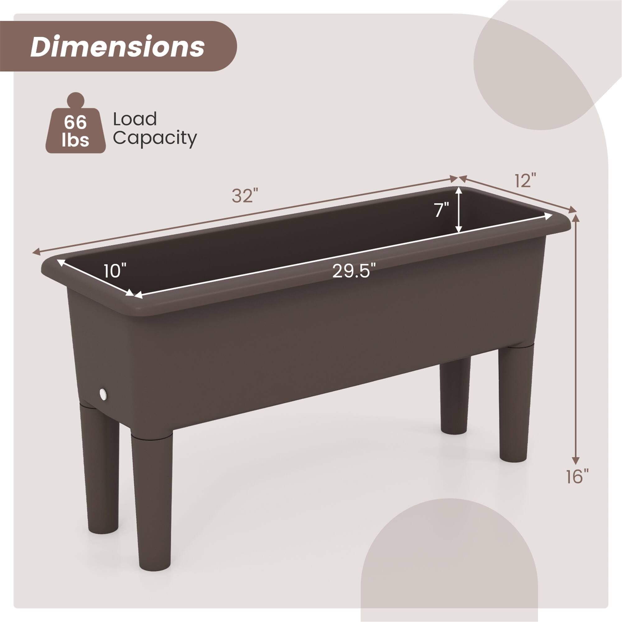 Dimensions  
Load Capacity: 66 lbs  
32" x 10" x 29.5" x 7" x 12" x 16"
