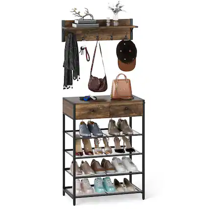 Front. Gymax - Gymax 5-Tier Shoe Rack w/ Wall-Mounted Coat Rack Hooks Drawers & Shelves for Bedroom - Brown, Black.