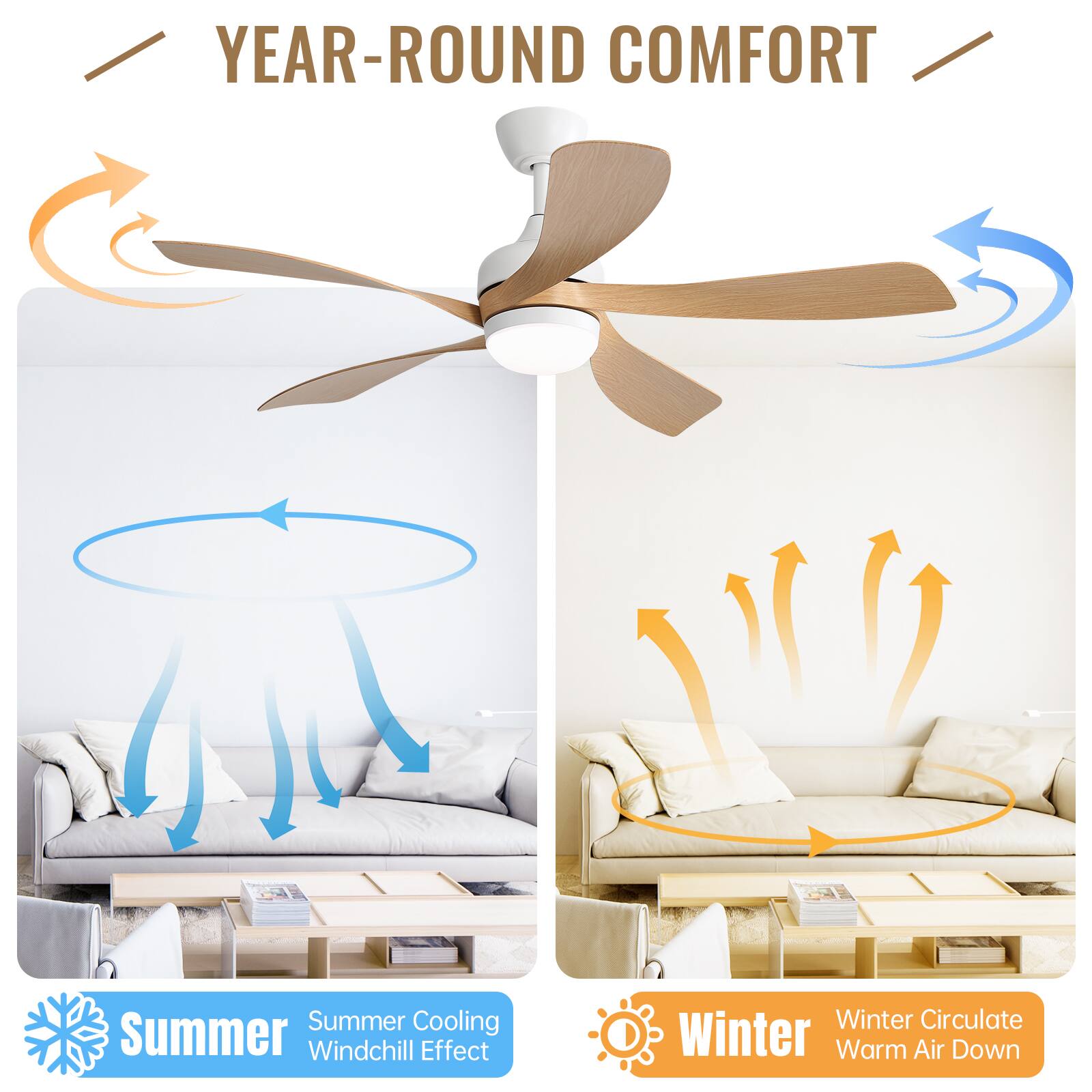 YEAR-ROUND COMFORT

Summer  
Summer Cooling  
Windchill Effect

Winter  
Winter Circulate  
Warm Air Down