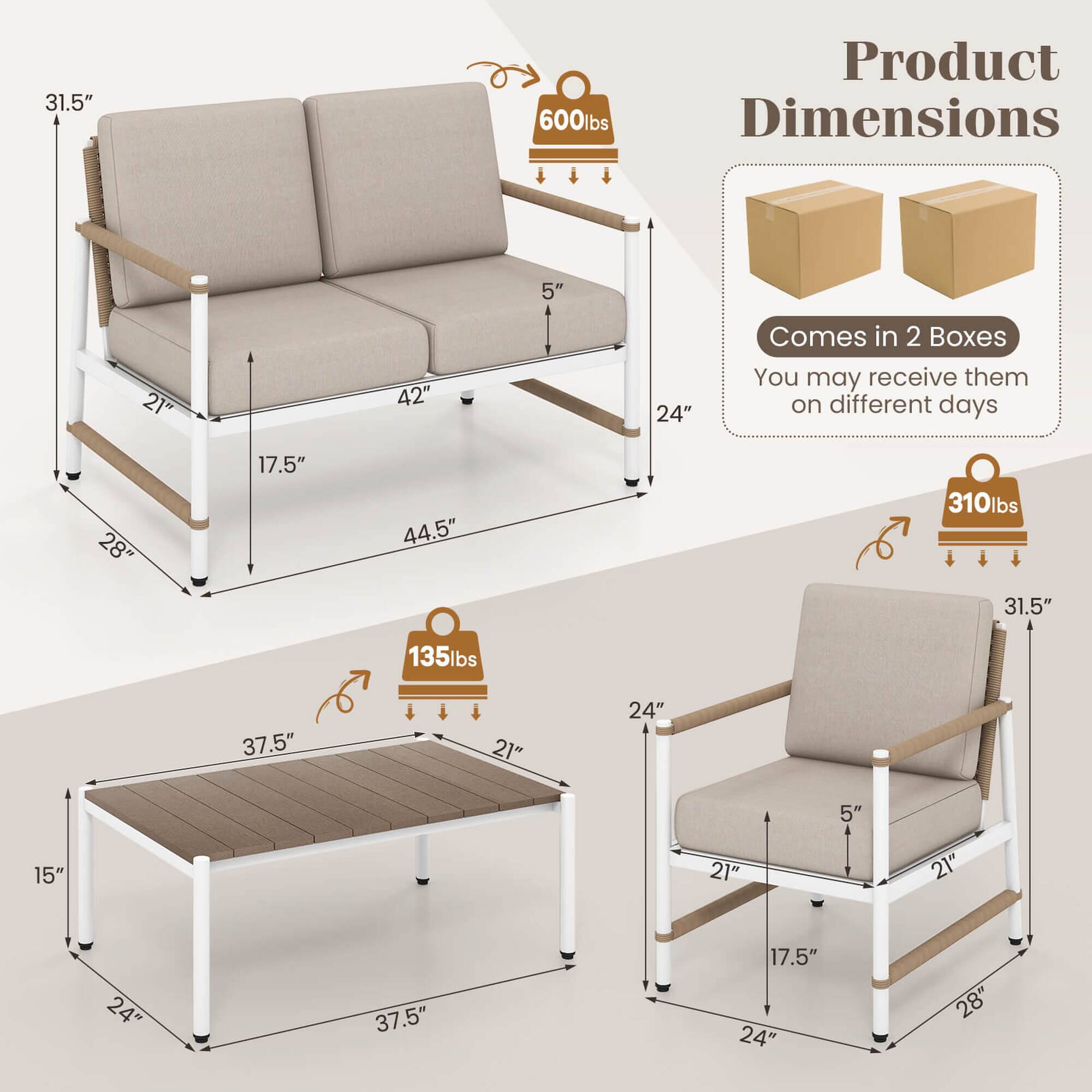 The text on the image is grouped and corrected as follows:

1. 31.5" 600lbs Product Dimensions: 5" 21" 42" 24" Comes in 2 Boxes You may receive them on different days
2. 28" 17.5" 44.5" 310lbs
3. 31.5" 135lbs 37.5" 21" 24" 5" 15" 21" 21" 24" 37.5" 17.5" 24" 28"