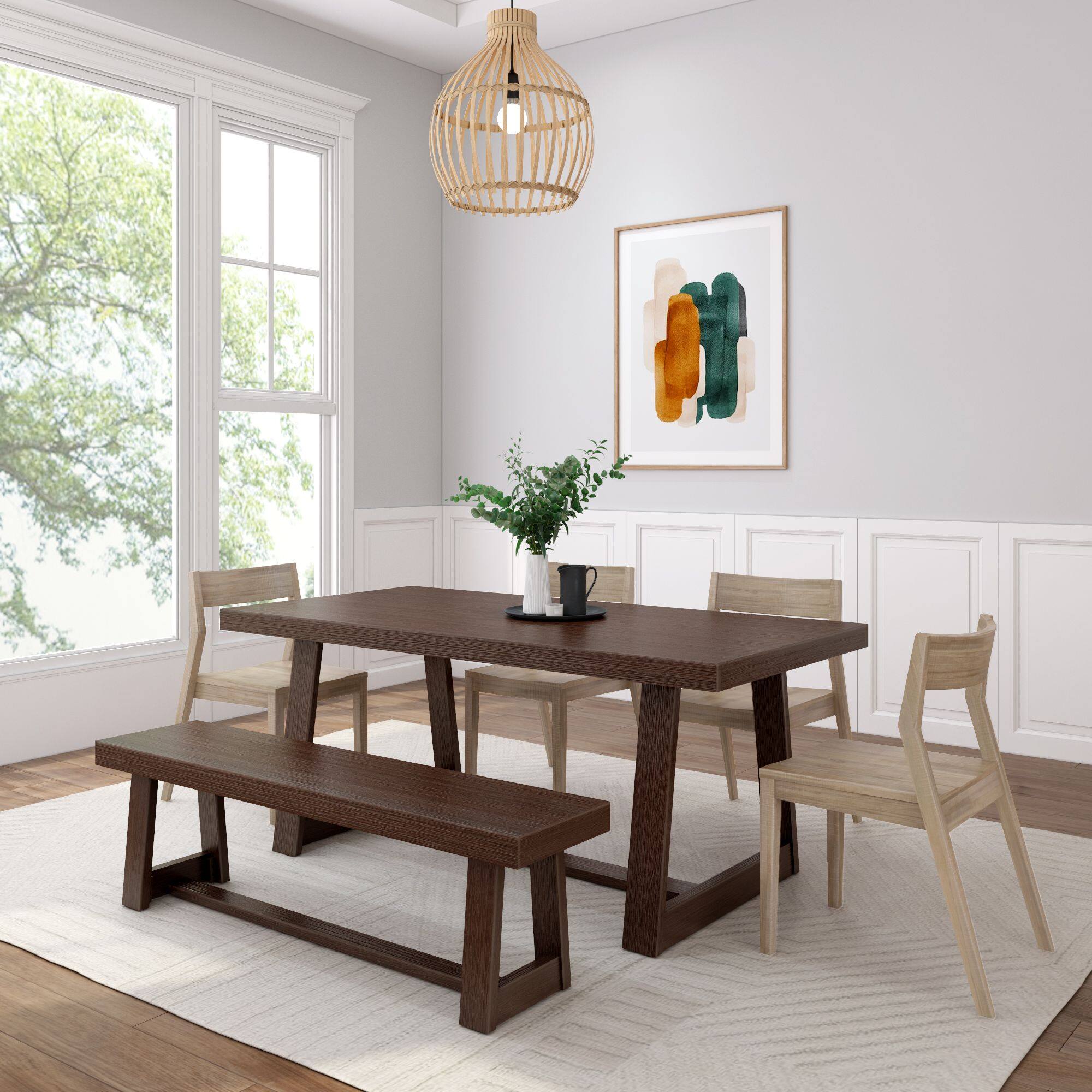 Plank+Beam - 72" Classic Solid Wood Dining Table Set with Bench, Walnut Wirebrush, + 4 Chairs Blonde - Walnut Wirebrush, Blonde