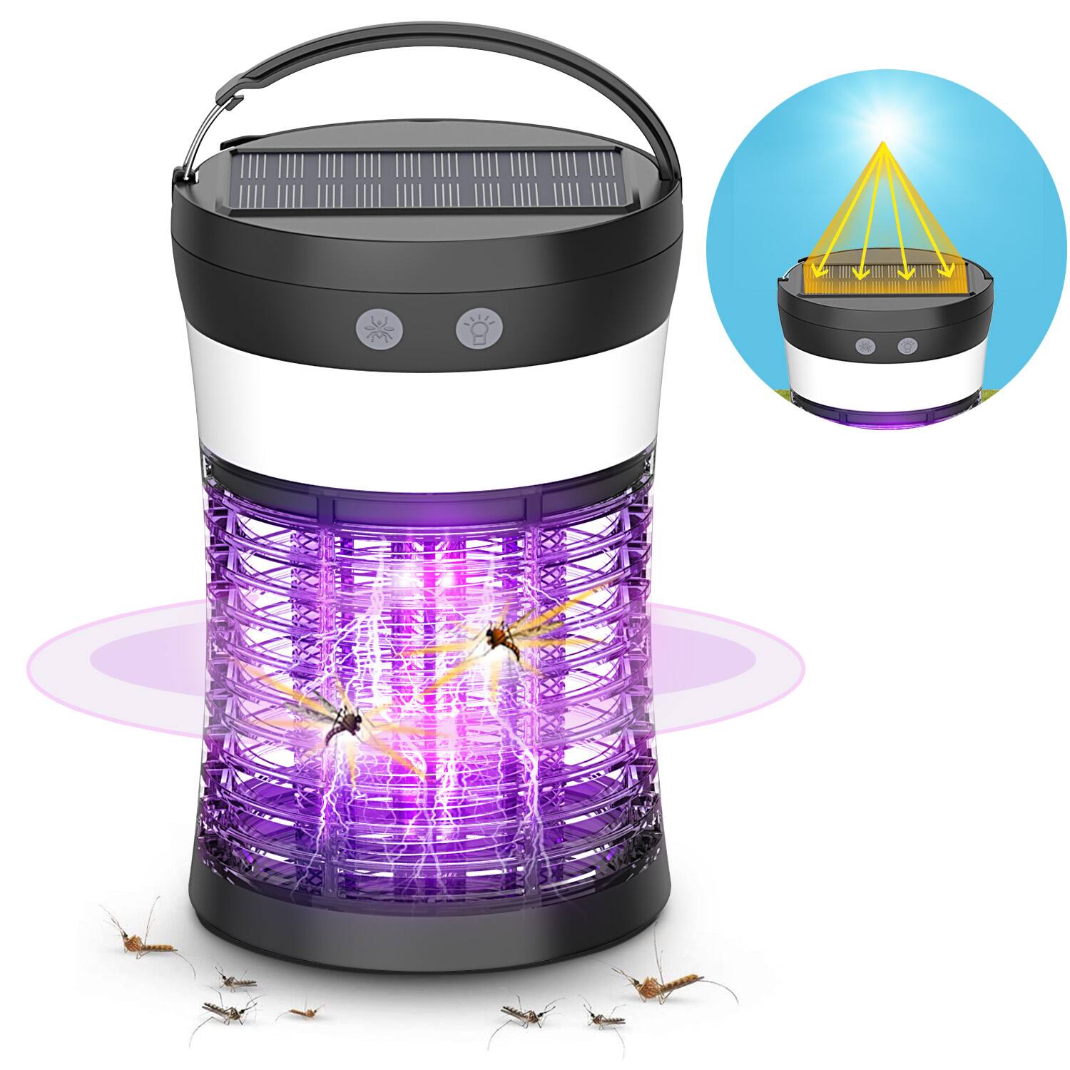 Front. AENKYO - Bug Zapper, Electric Solar Mosquito Killer for Indoor & Outdoor, 3000V High Powered Rechargeable Insect Fly Trap - Black.