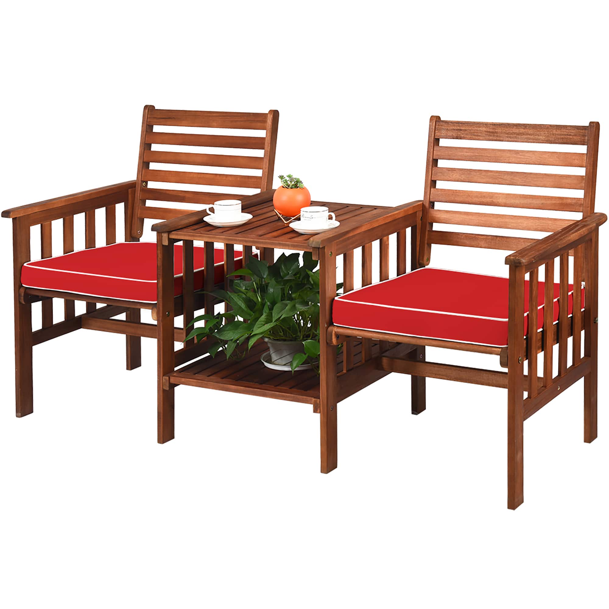 Costway - Patio Loveseat Conversation Set Acacia Wood Chair Coffee Table Cushioned - Red