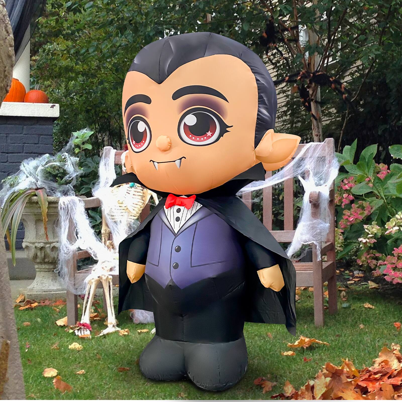 Back. GOOSH Inflatables - GOOSH 5FT Inflatable Vampire with Cape – Light-Up Halloween Yard Decoration - Black.