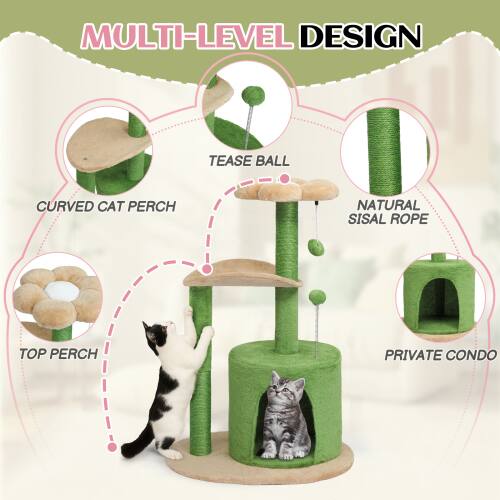 MULTI-LEVEL DESIGN  
TEASE BALL  
CURVED CAT PERCH  
NATURAL SISAL ROPE  
TOP PERCH  
PRIVATE CONDO