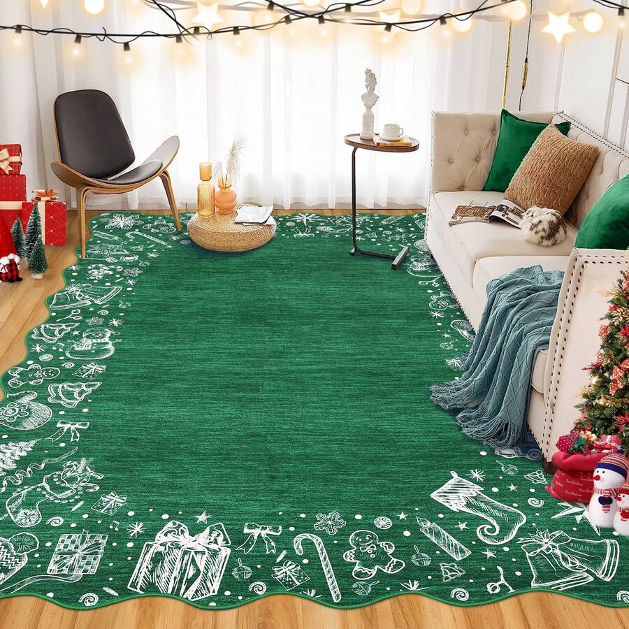 GARVEE Christmas Scalloped Edge Design Holiday Rug with Santa ...