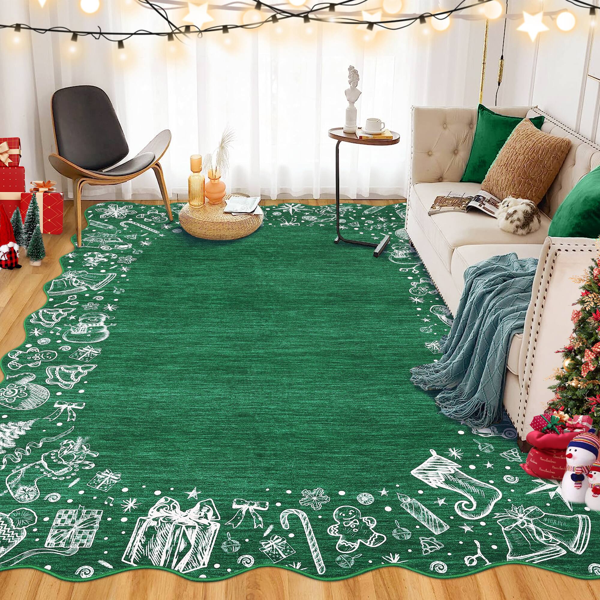 GARVEE Christmas Scalloped Edge Design Holiday Rug with Santa ...