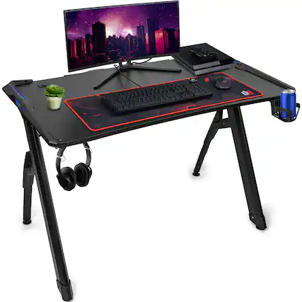 Front. Deco Gear - 47" LED Gaming Desk with Carbon Fiber Surface, Cable Management and Headphone Hook GDK100 - Black.