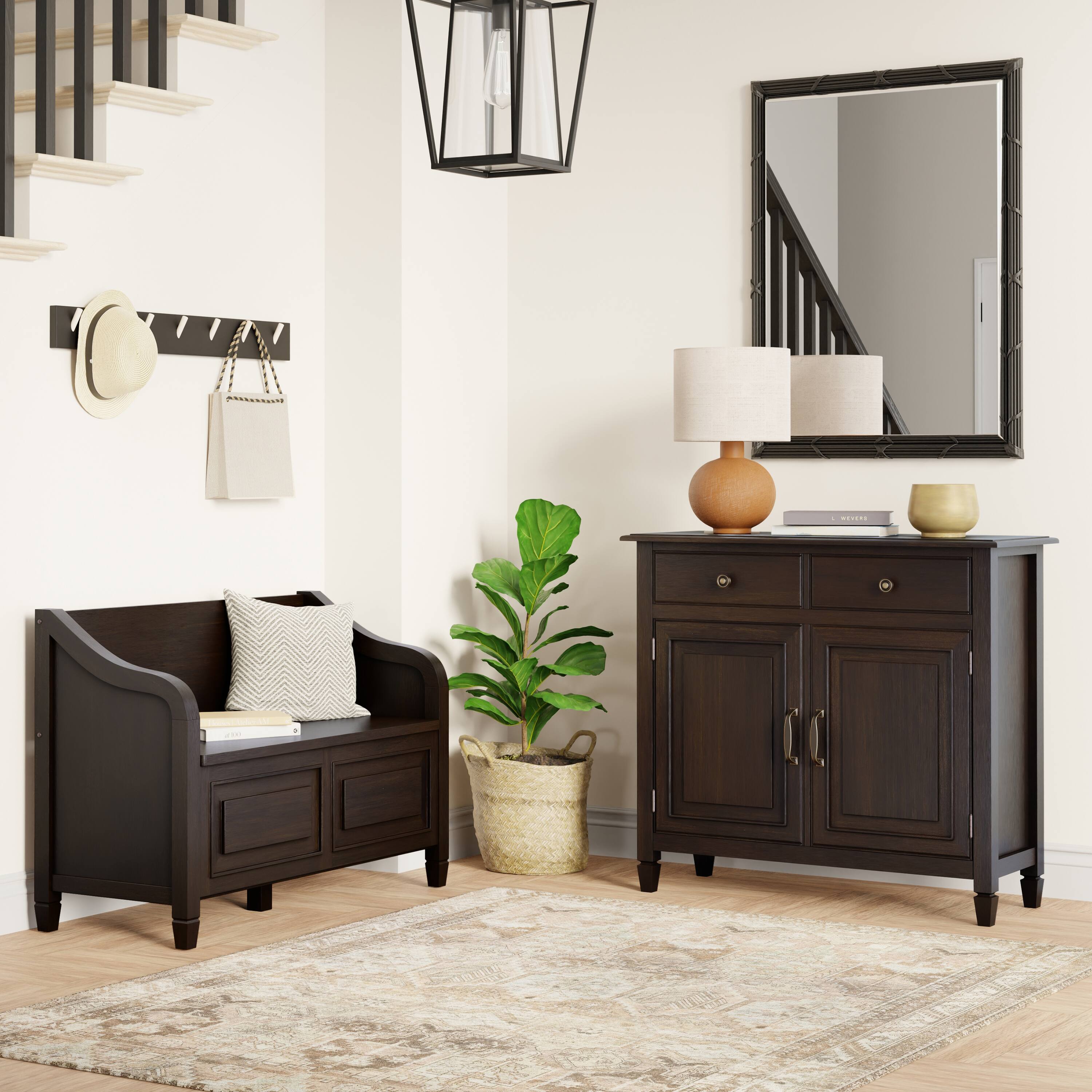 Angle. Simpli Home - Connaught Solid Wood 42 inch Wide Storage Bench and 40 inch Wide Storage Cabinet in Dark Chestnut Brown - Dark Chestnut Brown.