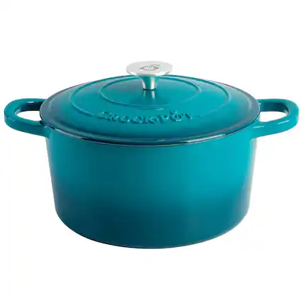 Front. Crockpot - Crockpot Artisan 7 Quart Round Enameled Cast Iron Dutch Oven with Lid in Teal - Teal.