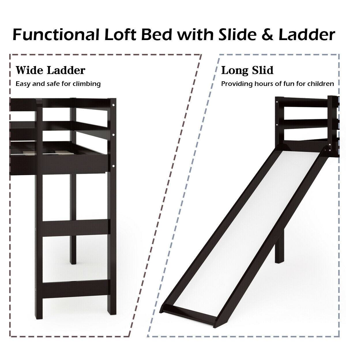 Functional Loft Bed with Slide & Ladder

Wide Ladder  
Easy and safe for climbing

Long Slide  
Providing hours of fun for children
