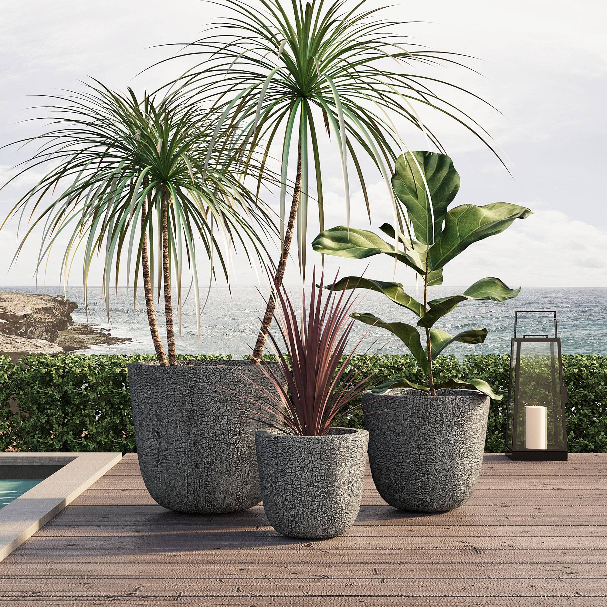 Left. Mondawe - MGO Round Stackable Planter Set with Drainage Holes and Rubber Plug,-3 Sizes (16.93"/3.78"/11.02") - Gray.