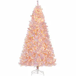 RYHNUYNE - 7.5 Ft Douglas Fir Artificial Christmas Tree With 500 Warm White LED Lights, 1346 Tips Metal Stand Decor - Pink