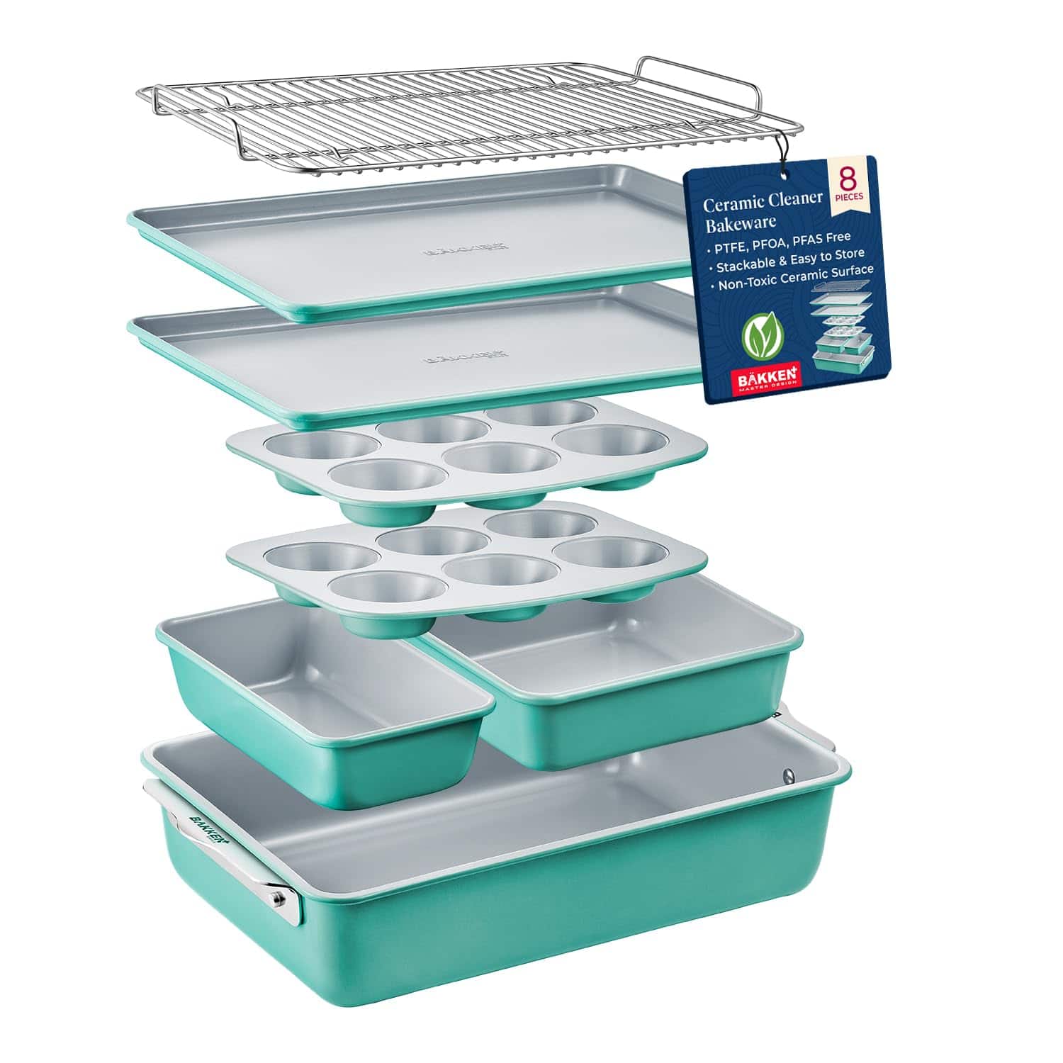 Bakken- Swiss - Bakken 8-Piece Bakeware Set – Non-Toxic Ceramic, PTFE/PFOA Free, Stackable, Oven Safe, Rack, Easy-Grip Handles - Teal