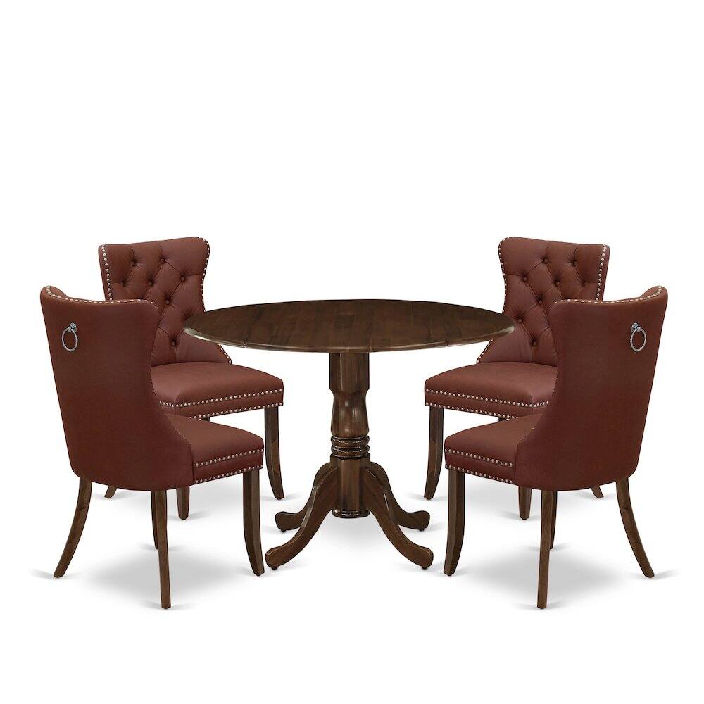Front. East West Furniture - 5 Piece Dinette Set Consists of a Round Kitchen Table with Dropleaf - Antique Walnut.