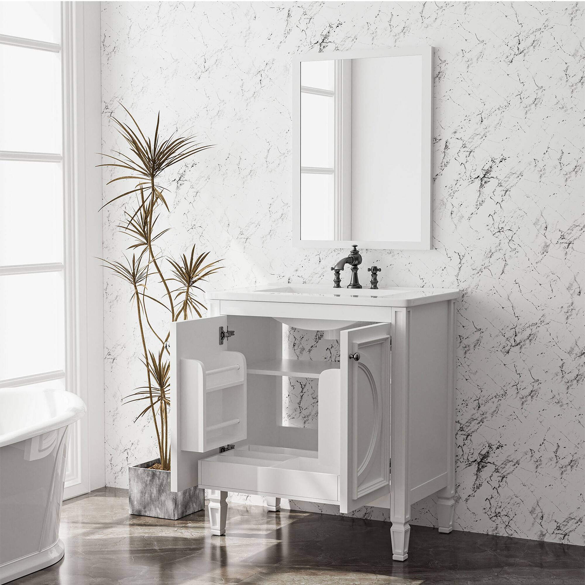 Angle. KERDOM - 30 Inch Wide Bathroom Vanity With Ceramic Sink & Countertop, 3 Holes French Vintage Vanity Half Bath Cabinet, No Faucet - White.