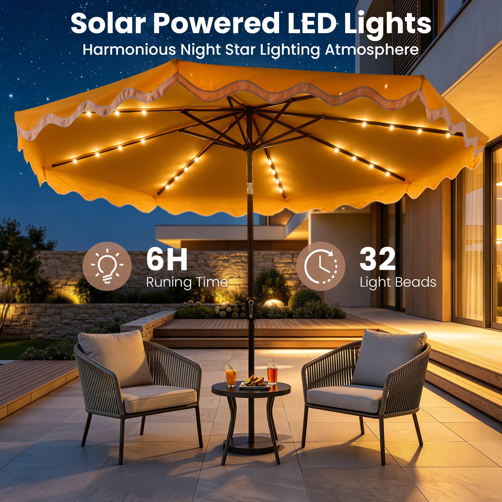 Solar Powered LED Lights  
Harmonious Night Star Lighting Atmosphere  

6H Running Time  
32 Light Beads