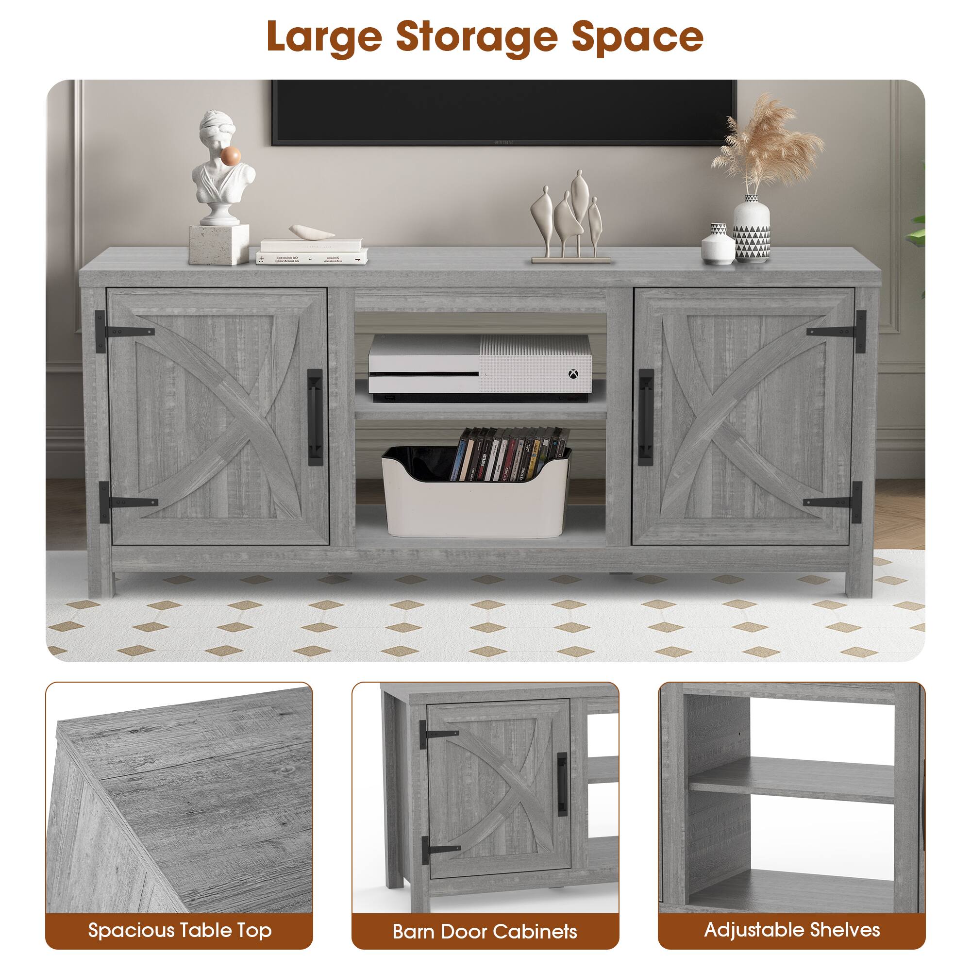 Large Storage Space: Spacious Table Top, Barn Door Cabinets, Adjustable Shelves