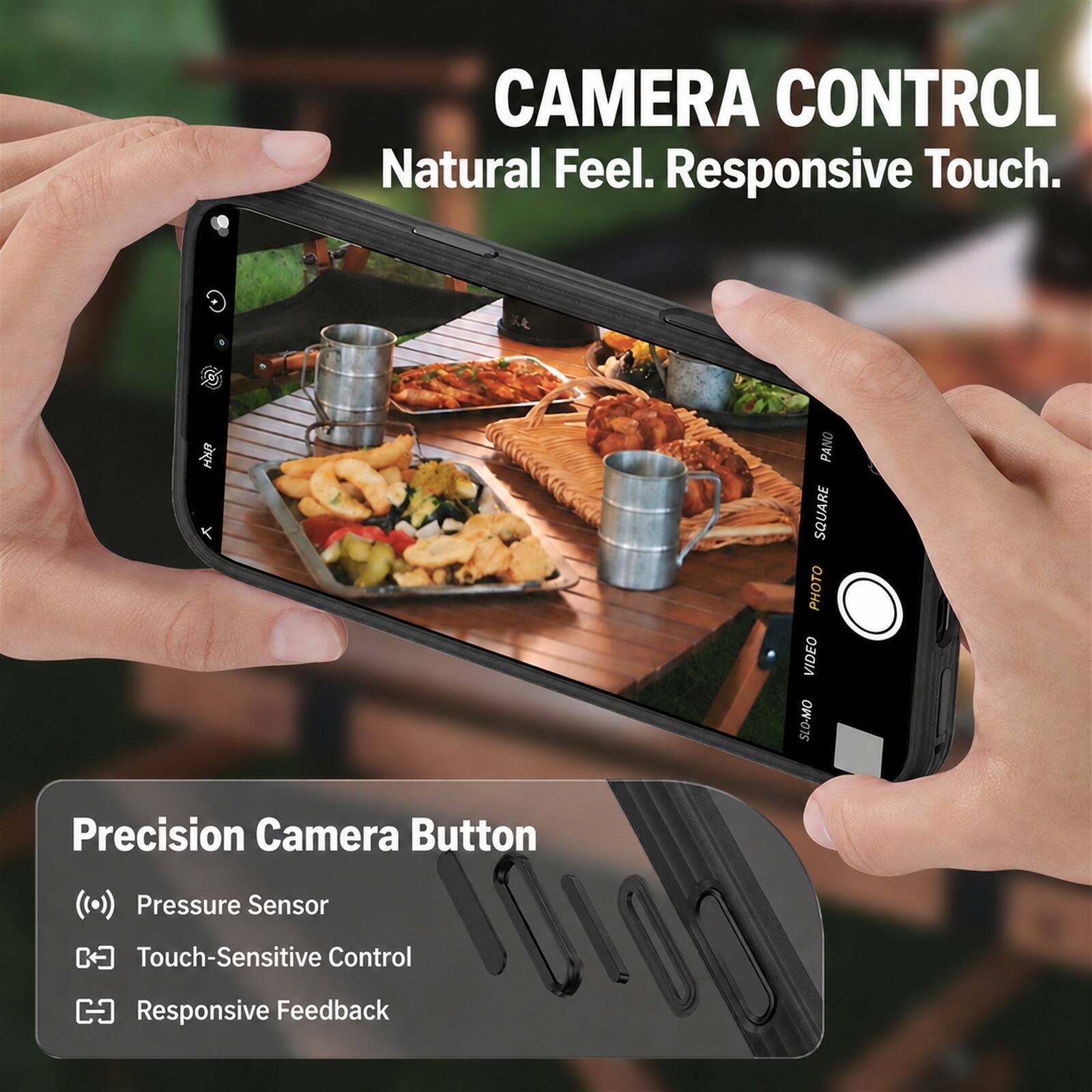 CAMERA CONTROL  
Natural Feel. Responsive Touch.

PANO SQUARE PHOTO VIDEO SLO-MO

Precision Camera Button  
Pressure Sensor  
Touch-Sensitive Control  
Responsive Feedback