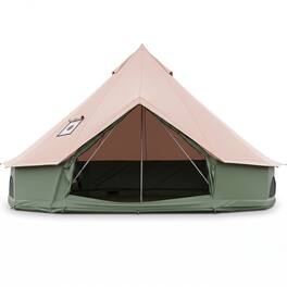 Costway - 16.7 ft Bell Tent with Stove Jack, Mesh Windows & Doors, Accommodates 6-8 Person - Khaki & Green