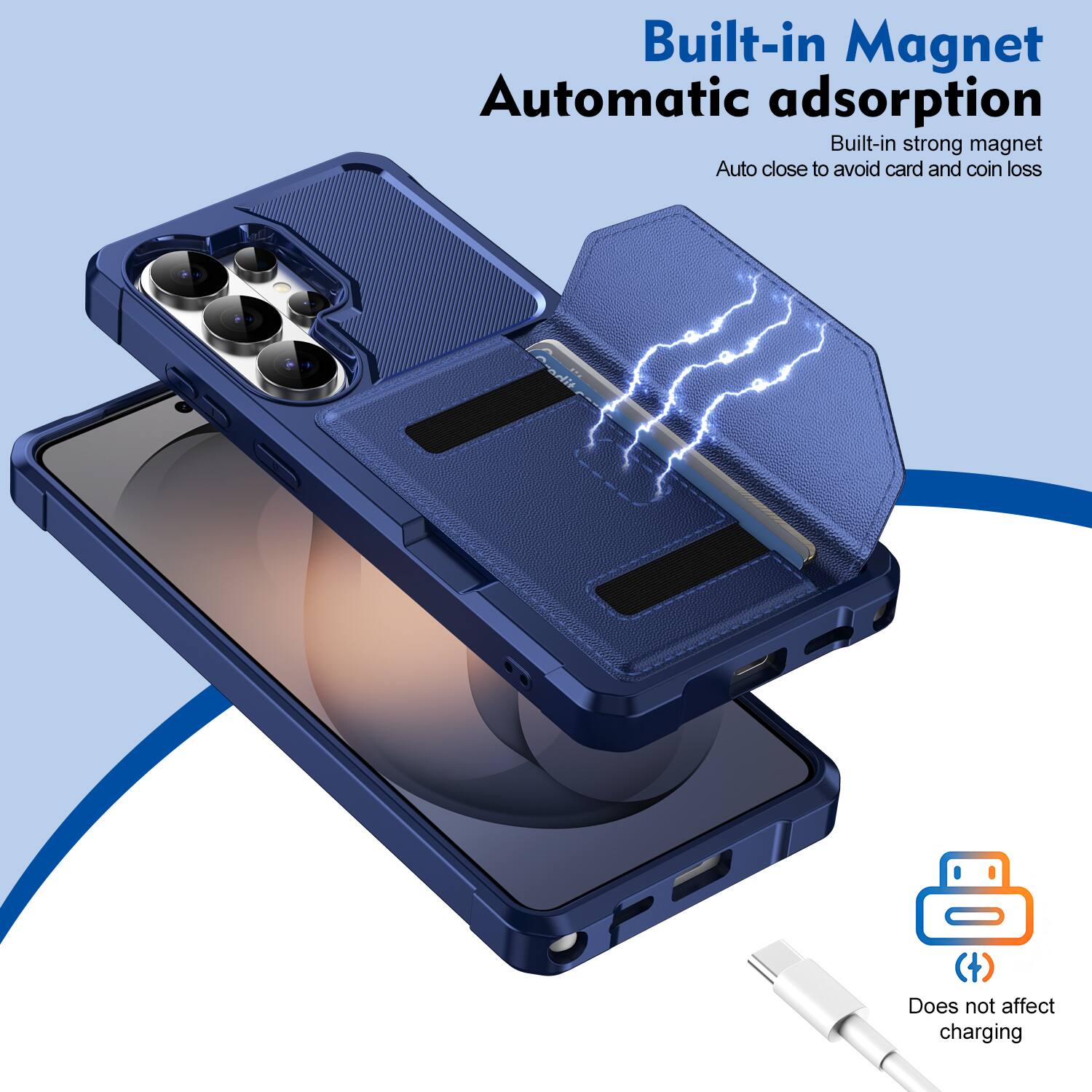 Built-in Magnet  
Automatic adsorption  
Built-in strong magnet  
Auto close to avoid card and coin loss  
Does not affect charging