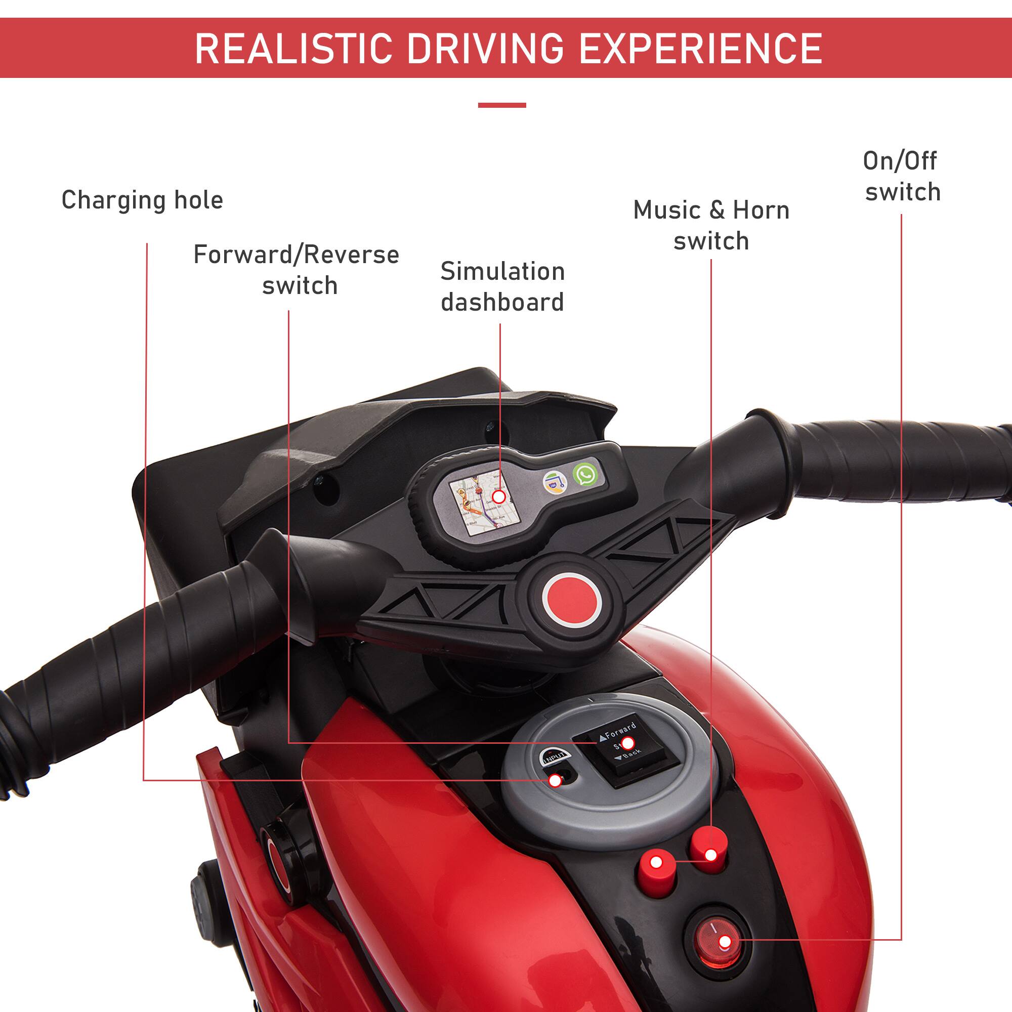 REALISTIC DRIVING EXPERIENCE

- Charging hole
- Forward/Reverse switch
- Simulation dashboard
- Music & Horn switch
- On/Off switch
