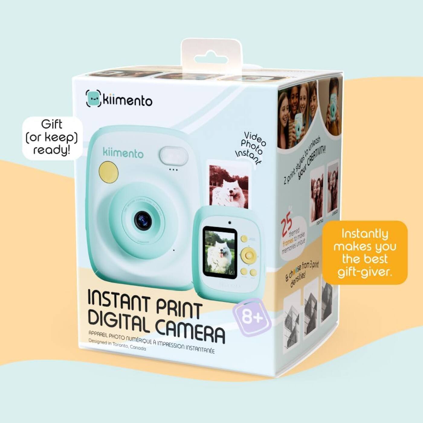 kiimento Gift (or keep) ready!  
kiimento photo Video Instant  
25 frames to make memories unique  
Instantly makes you the best gift-giver.  
INSTANT PRINT DIGITAL CAMERA  
Designed in Toronto, Canada  
8+