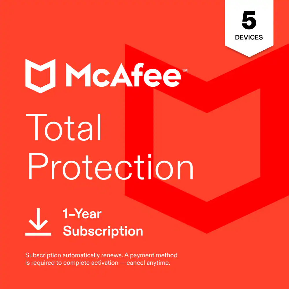 5 DEVICES  
McAfee Total Protection  
1-Year Subscription  
Subscription automatically renews. A payment method is required to complete activation - cancel anytime.