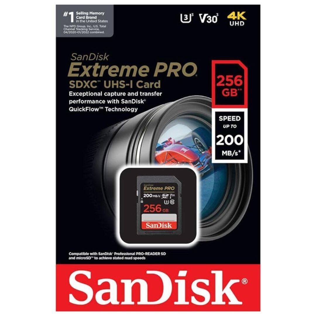 Sure, here is the corrected and grouped text from the image:

---

**SanDisk Extreme PRO SDXC™ UHS-I Card**

**256 GB**

**SPEED UP TO 200 MB/s**

**Exceptional capture and transfer performance with SanDisk® QuickFlow™ Technology**

**4K UHD**

**V30**

**U3**

**#1 Selling Memory Card Brand in the United States**  
*The NPD Group, Inc., U.S. Total Channel Tracking Service, 04/2020-01/2022 combined.*

**Compatible with SanDisk® Professional PRO-READER SD and microSD™ to achieve stated read speeds**

---

This text is organized to reflect the information presented on the packaging of the SanDisk Extreme PRO SDXC™ UHS-I Card.