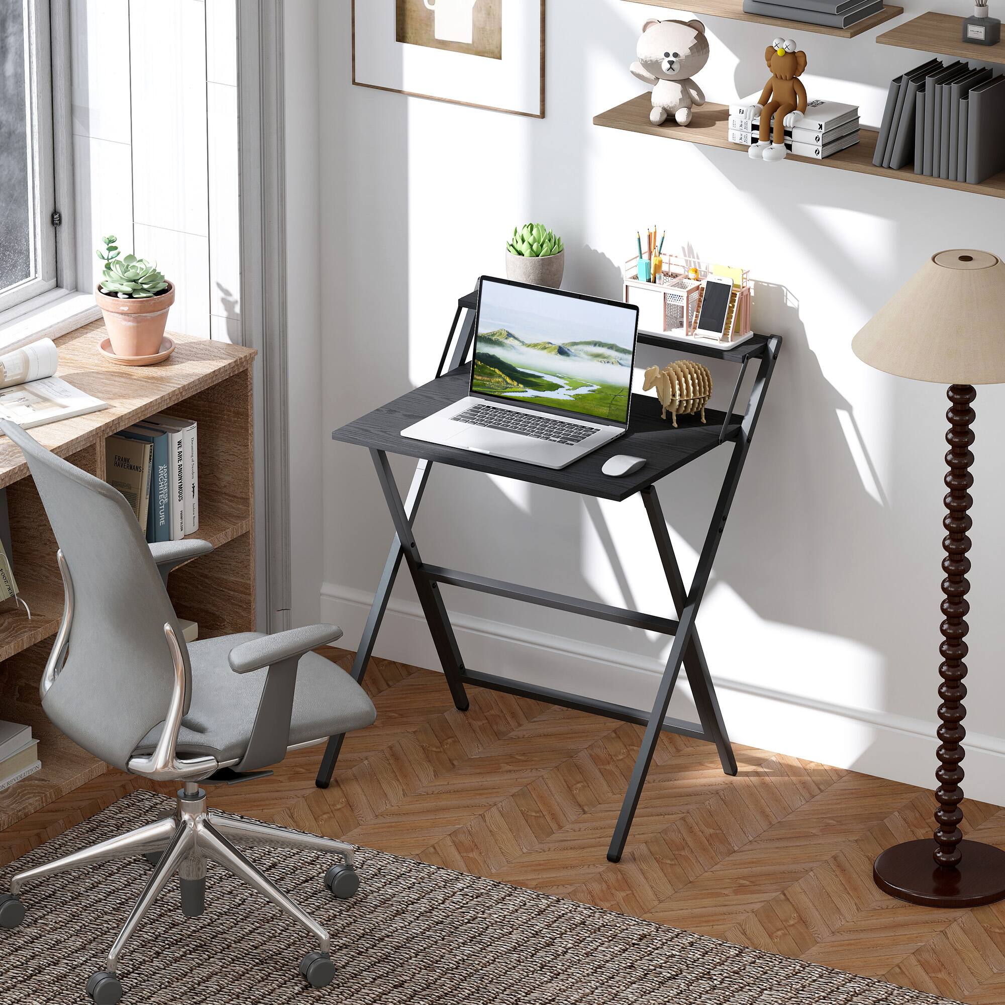 Alt View 1. Homcom - Small Folding Desk, 27.6 Inch Foldable Computer Desk with Monitor Shelf, Space Saving Portable Writing Table - Black.