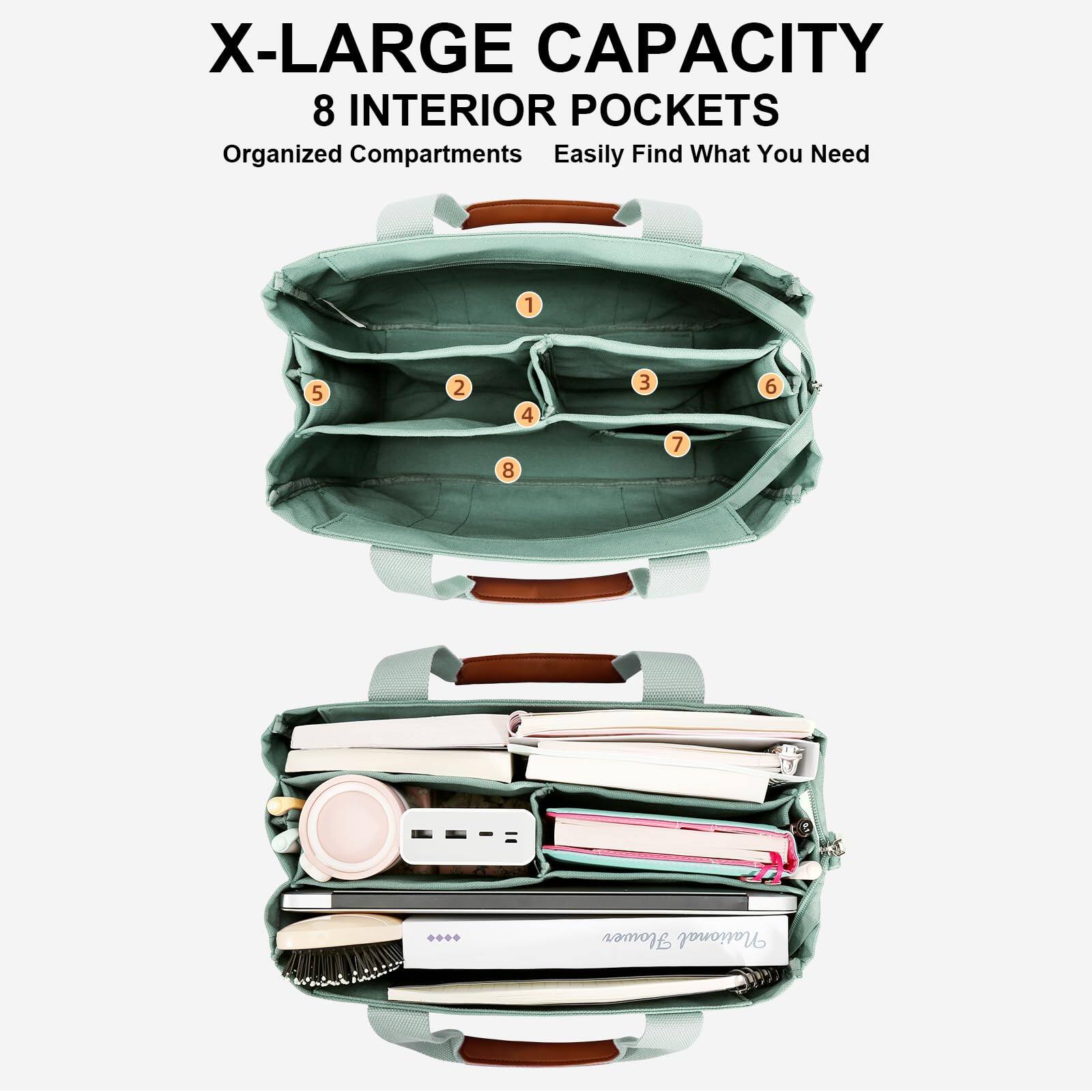 X-LARGE CAPACITY  
8 INTERIOR POCKETS  
Organized Compartments  
Easily Find What You Need  

1  
2  
3  
4  
5  
6  
7  
8