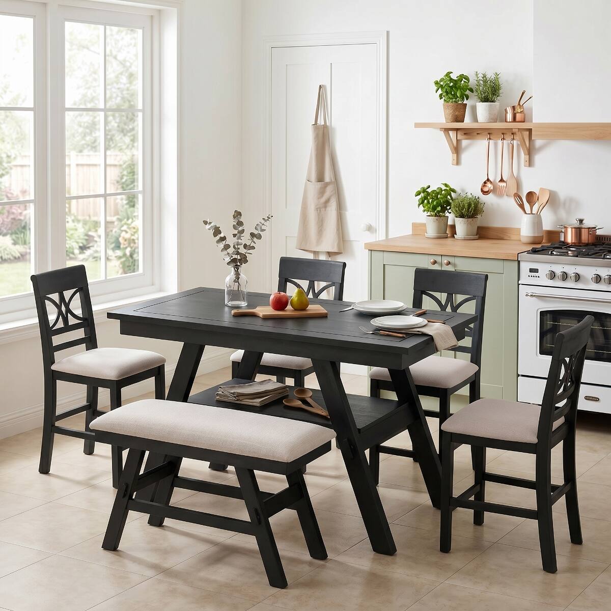 Angle. Loheer - Loheer 6-Piece Counter Height Dining Set With Storage Shelf, Espresso Finish and Beige Cushions - Espresso with beige cushions.