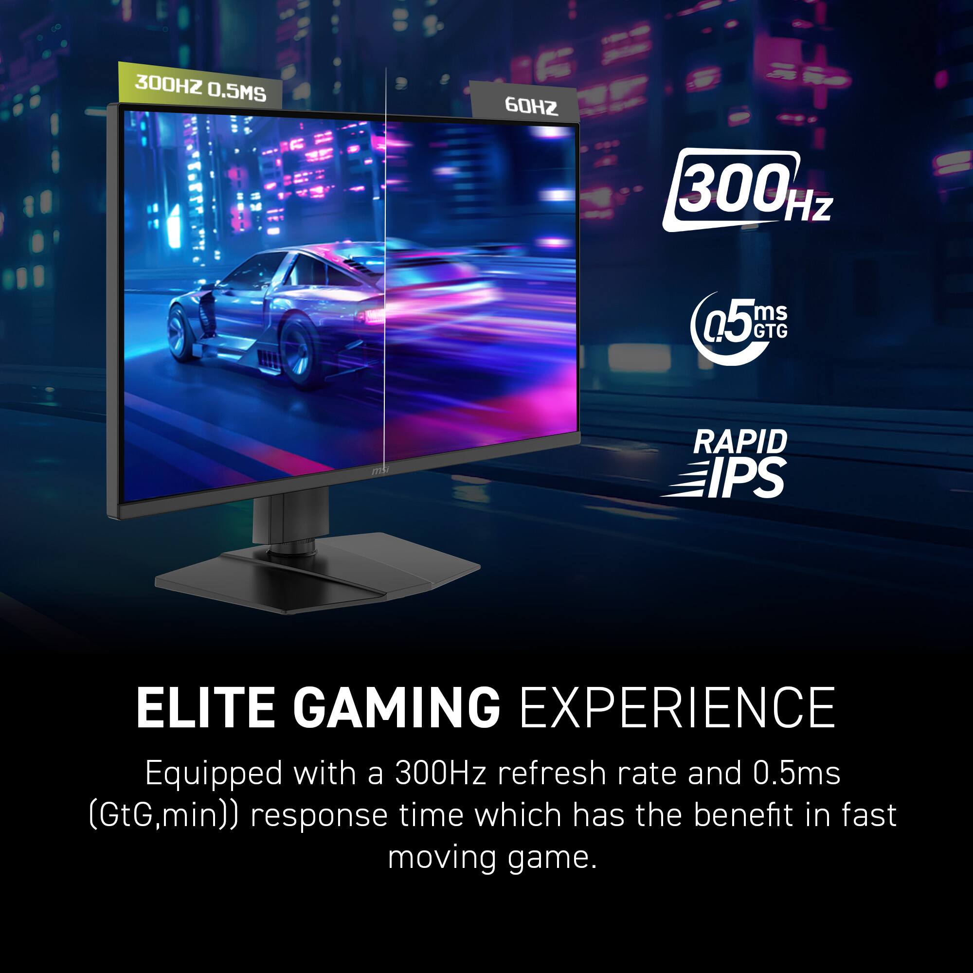 The text on the image reads: "300HZ 0.5ms (GtG, min) response time which has the benefit in fast moving game. Equipped with a 300Hz refresh rate and 0.5ms (GtG, min) response time which has the benefit in fast moving game."