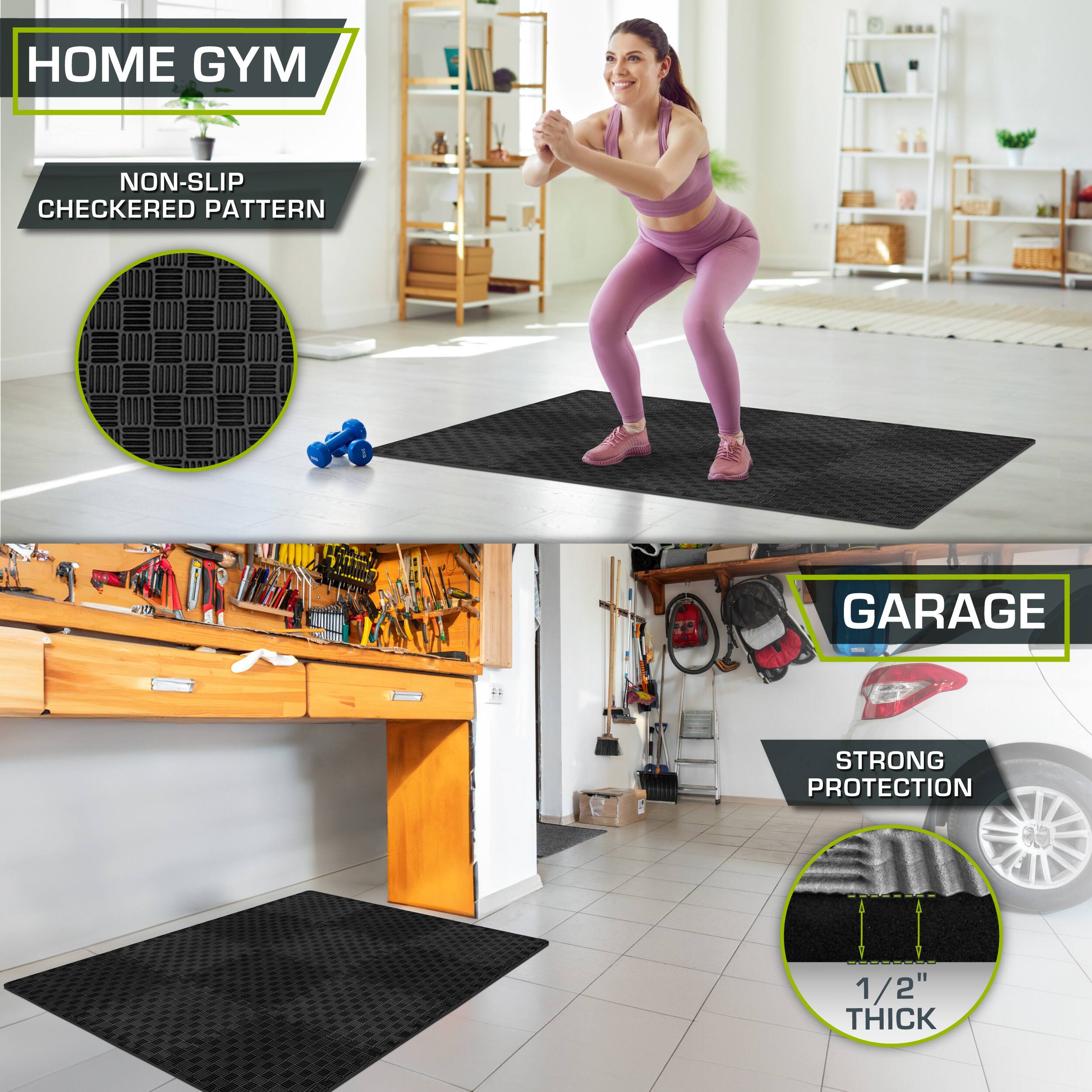 The corrected text from the image is:

- HOME GYM
- NON-SLIP CHECKERED PATTERN
- GARAGE
- STRONG PROTECTION
- 1/2" THICK