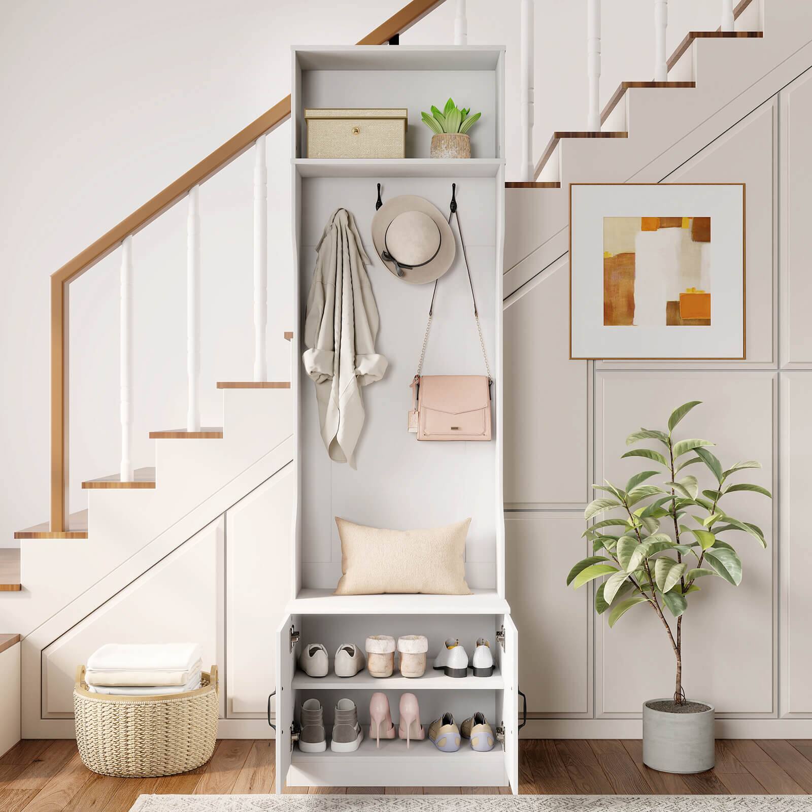 Alt View 3. Costway - Costway 3-in-1 Hall Tree wirh Bench Storage Adjustable Shelves Hanging Hooks for Entryway - White.