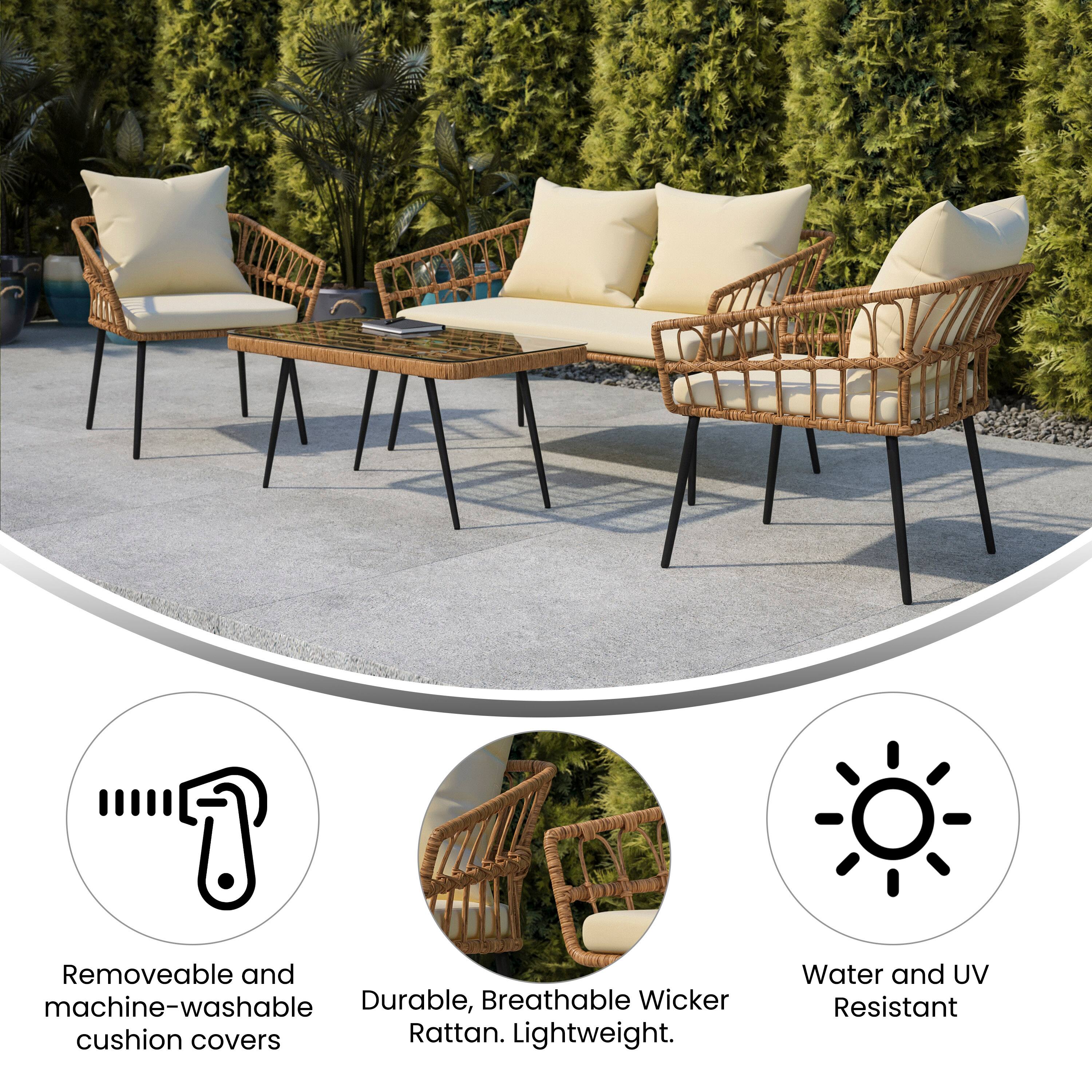 - Removeable and machine-washable cushion covers
- Durable, Breathable Wicker Rattan. Lightweight.
- Water and UV Resistant