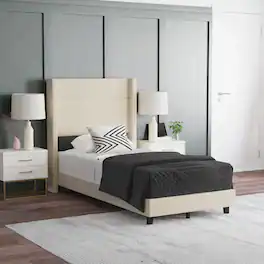 Emma + Oliver - Upholstered Platform Bed with Wingback Headboard - Beige