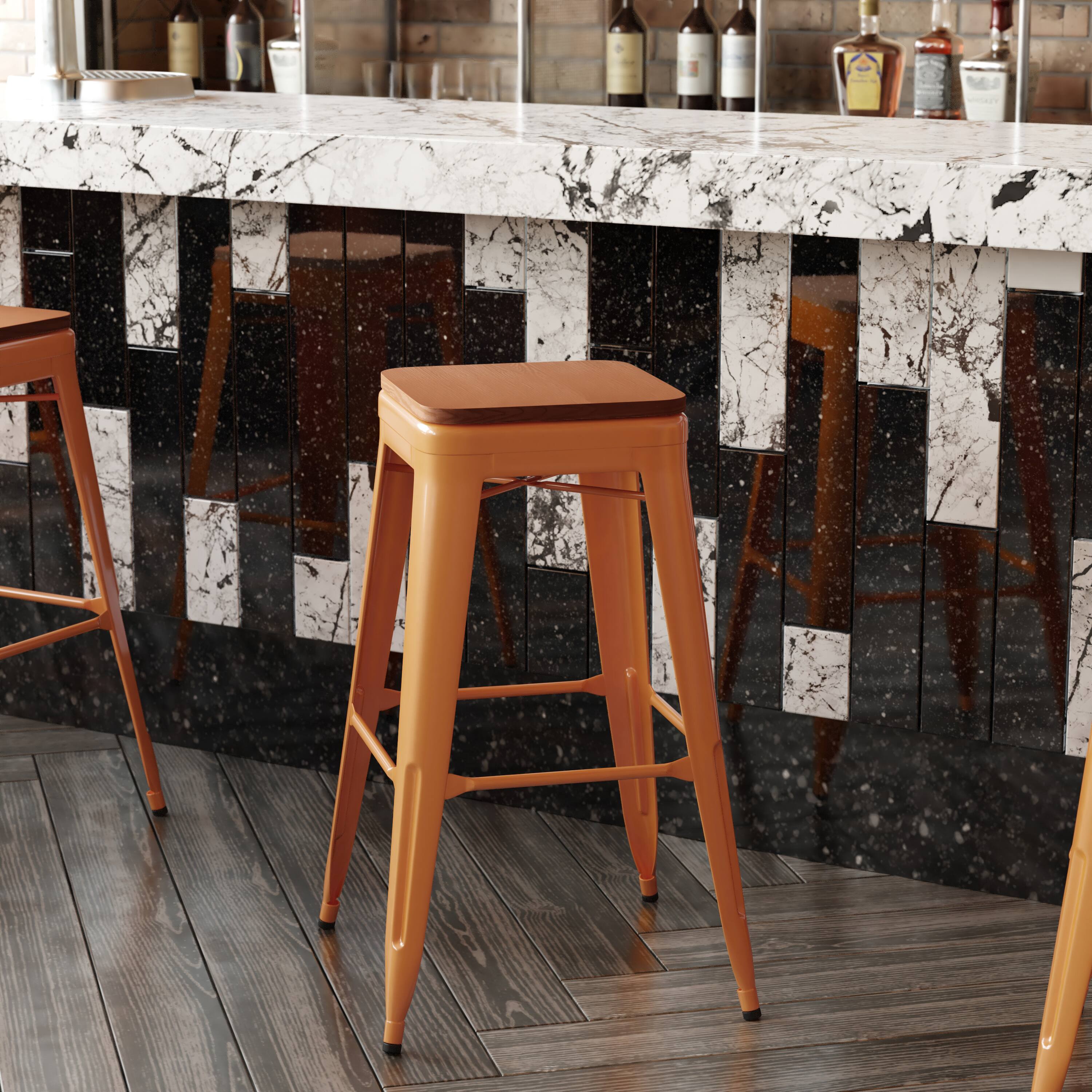 Alt View 4. Emma + Oliver - Kam Backless Metal Indoor-Outdoor Stool with All-Weather Polystyrene Seat - Teak Seat/Orange Frame.