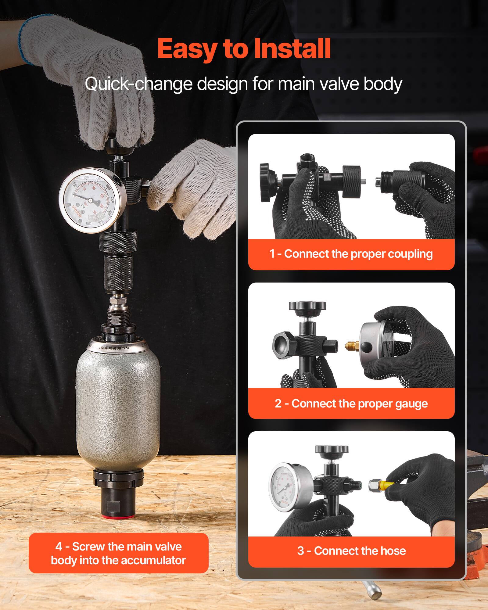Easy to Install

Quick-change design for main valve body

1. Connect the proper coupling
2. Connect the proper gauge
3. Connect the hose
4. Screw the main valve body into the accumulator